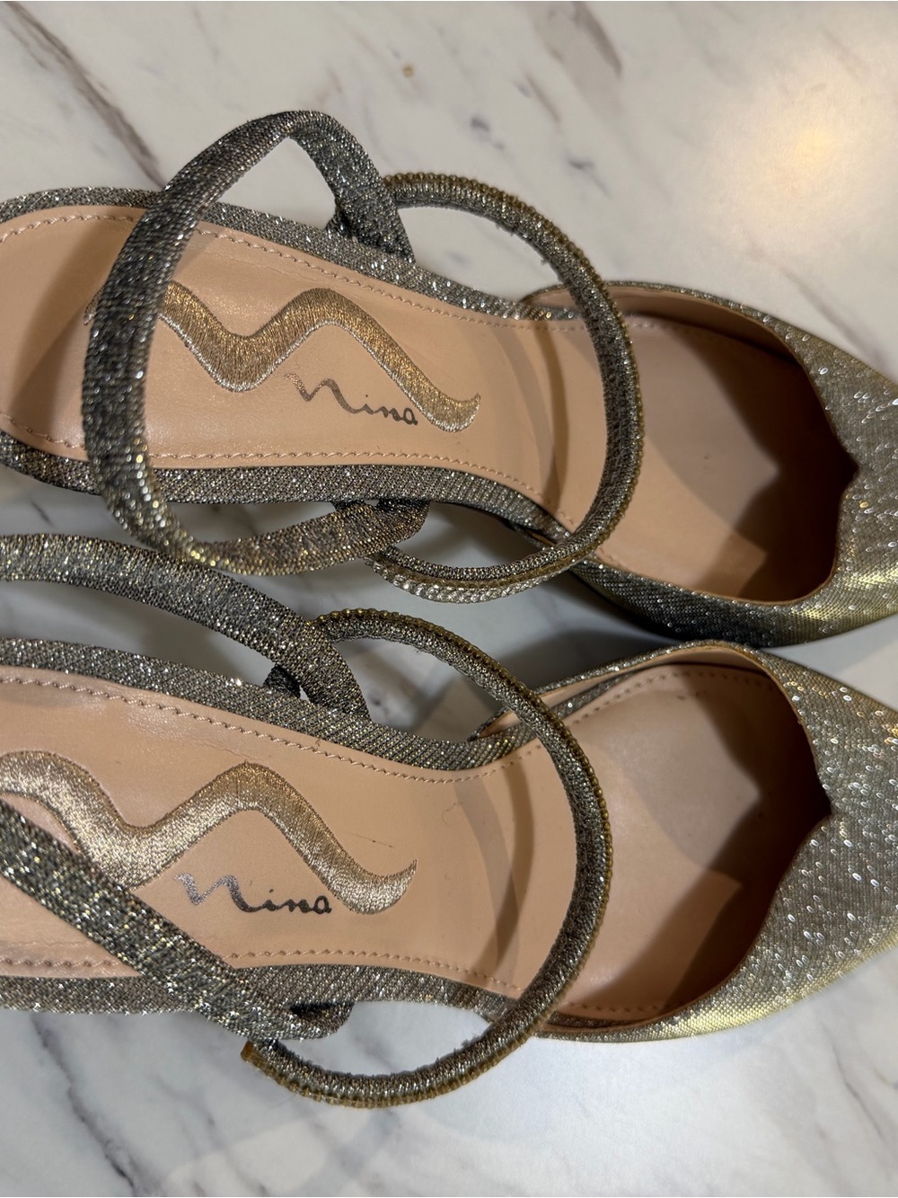 Nina Silver-Gold Glitter Pointed-Toe Strappy Heels